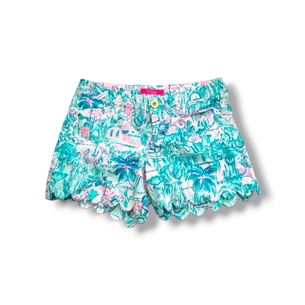 Lilly Pulitzer Turquoise Pink Palm Print Scalloped Shorts
